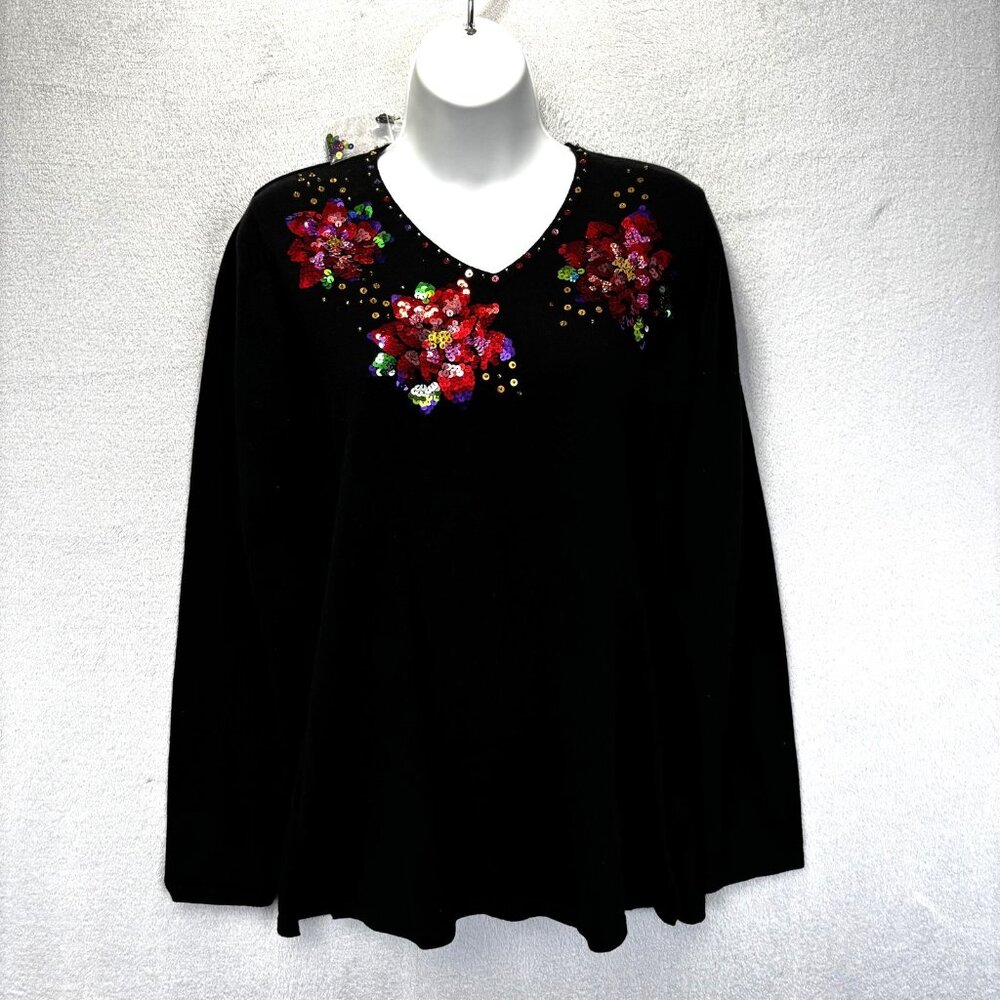 NEW Quacker Factory Floral Sequin Sweater‎ Size XS Black Holiday Long Sleeve Top